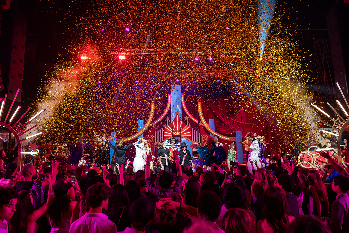 Luxury bar mitzvah finale at Fillmore Miami Beach with custom circus-themed stage show, live performers, and confetti celebration