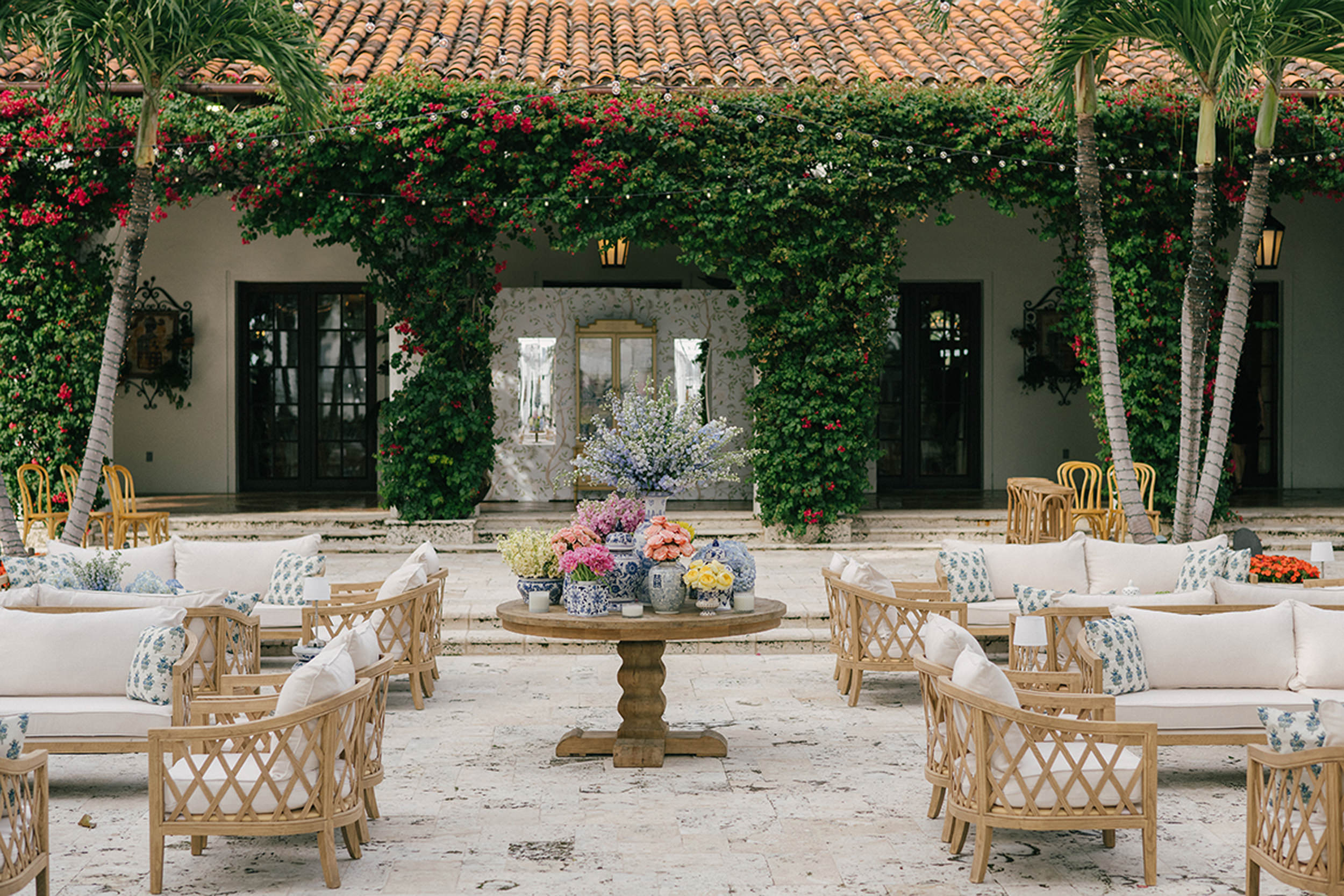 Elegant courtyard cocktail reception designed for a luxury Miami celebration