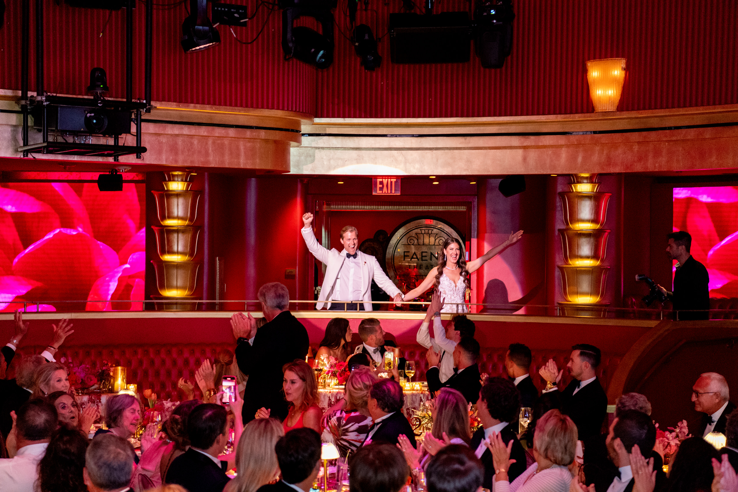 Couple making a dramatic entrance during an elegant luxury wedding celebration in Miami