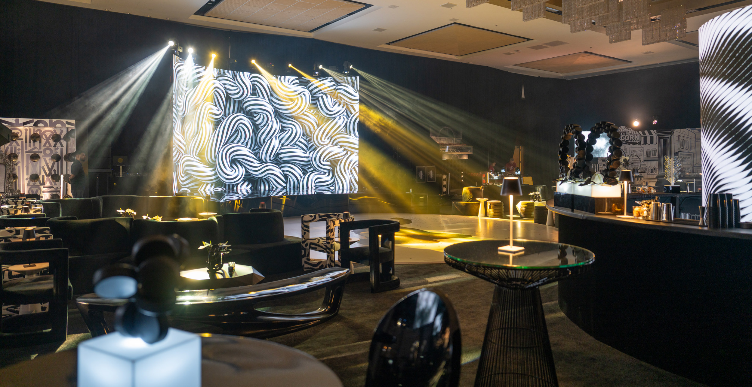 Custom lighting and lounge design before guests arrive at a luxury Miami event